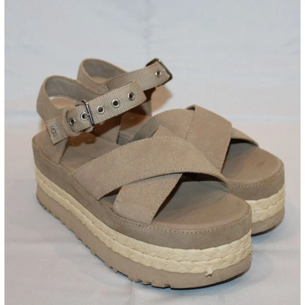 NIB Ugg Aubrey Women's Platform Ankle Suede Sandals‎ Sand